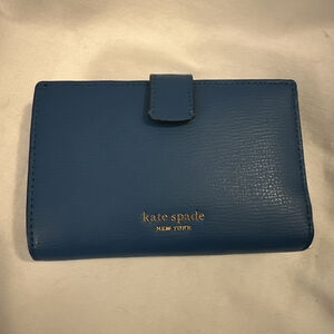 Kate Spade New York Blue Leather Bifold Wallet Zip Coin ID Window Gold Logo
